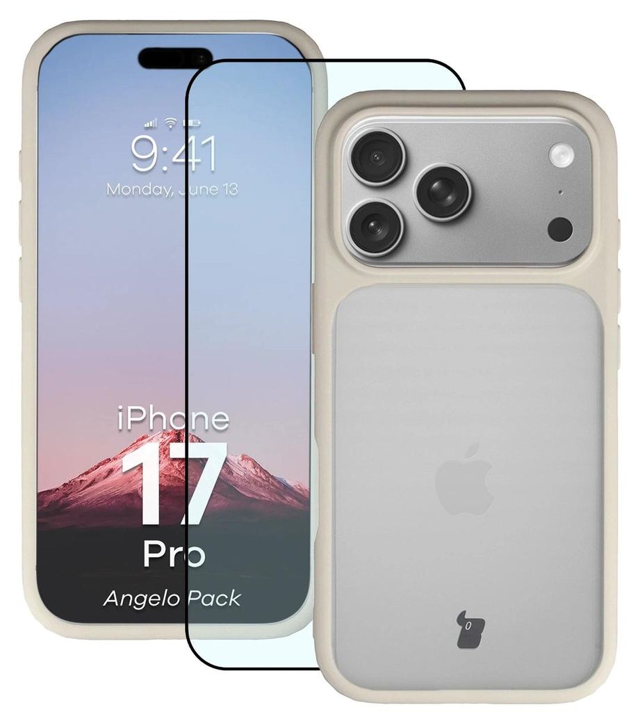 Schutzhülle + gehärtetem Glas Bizon Angelo Pack für iPhone 17 Pro, Getönte mit beigem Rahmen
