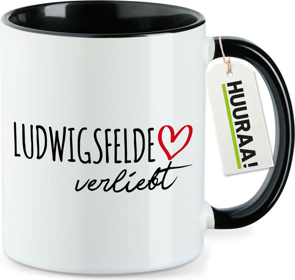 Huuraa Kaffeetasse Ludwigsfelde verliebt 330ml Schwarz Keramik Kaffeebecher Geschenkidee