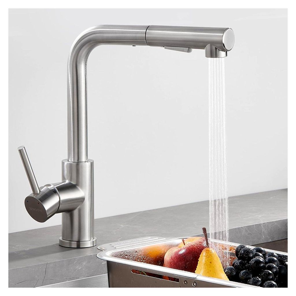 Küchenarmatur mit ausziehbarem Wasserhahn, 360° drehbar, Hochdruck Spültischarmatur mit zwei Strahlarten, Edelstahl gebürstet