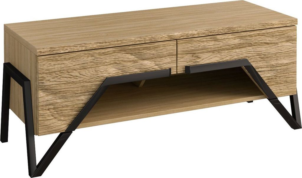 TV-Unterschrank Kastav 19, Farbe: Eiche / Schwarz, teilmassiv - 49 x 122 x 50 cm (H x B x T)