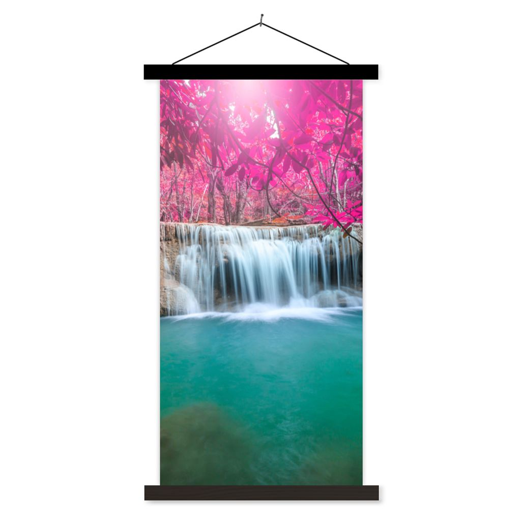 MuchoWow Textilposter Wasserfall - Baum - Rosa - Natur 40x80 cm mit schwarzem Rahmen - Wandemalerei