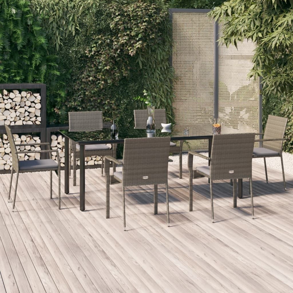 The Living Store 7-tlg. Garten-Essgruppe mit Kissen Schwarz und Grau Poly Rattan