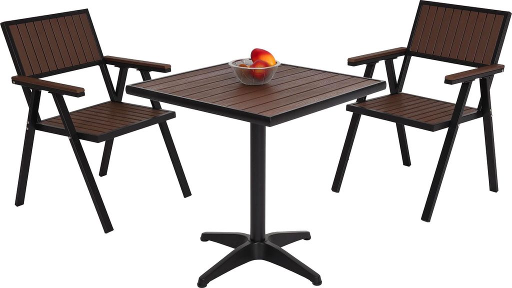 2er-Set Gartenstuhl+Gartentisch HWC-J95, Stuhl Tisch, Gastro Outdoor-Beschichtung, Alu Holzoptik - schwarz, dunkelbraun