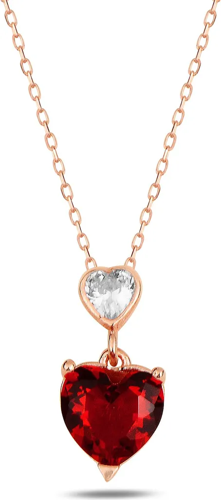 Bijou collier double cœur pour femme en argent et pierre rouge zircone