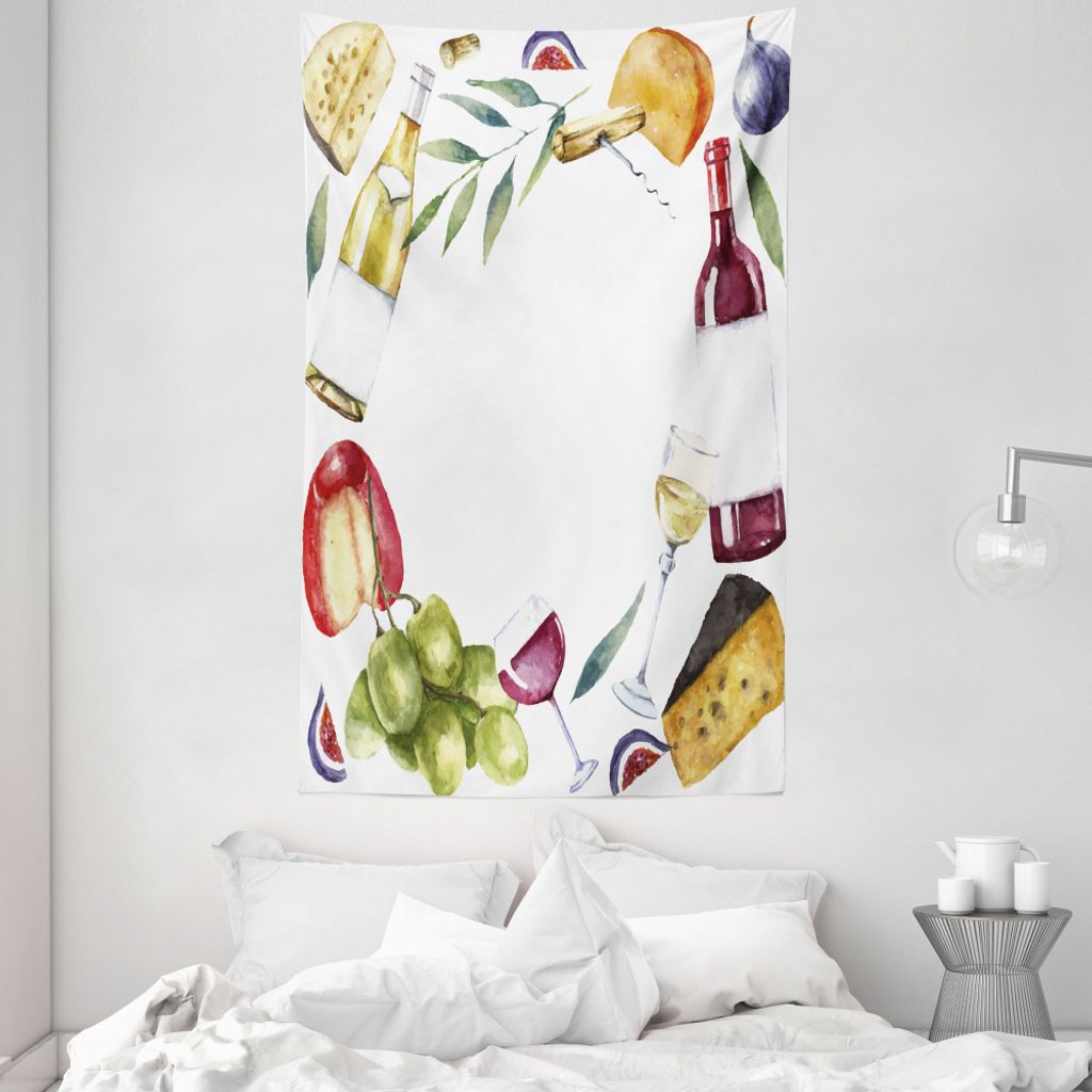 ABAKUHAUS Wein Wandteppich und Tagesdecke, Aquarell Lebensmittel Wein Rahmen aus Weiches Mikrofaser Stoff Waschbar ohne Verblassen Digitaldruck, 14...