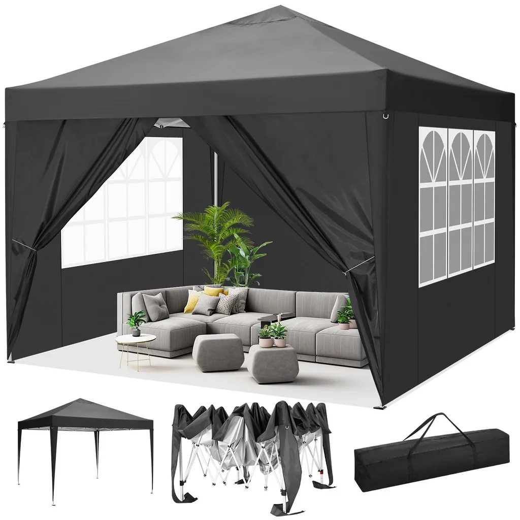 Barnum pliant 3x3m pour stand de marché et fête, Noir imperméable