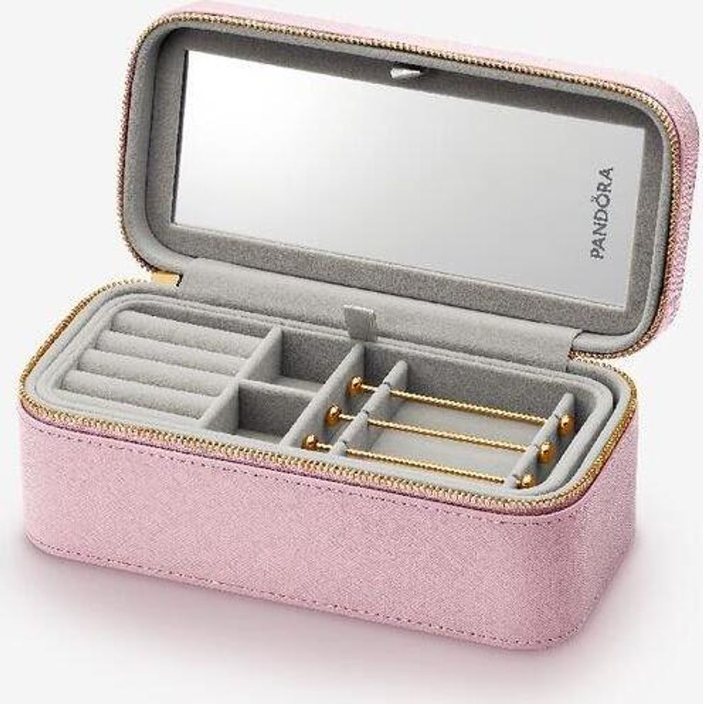 A pink Pandora jewelry box is shown open, revealing its interior compartments and a mirror.