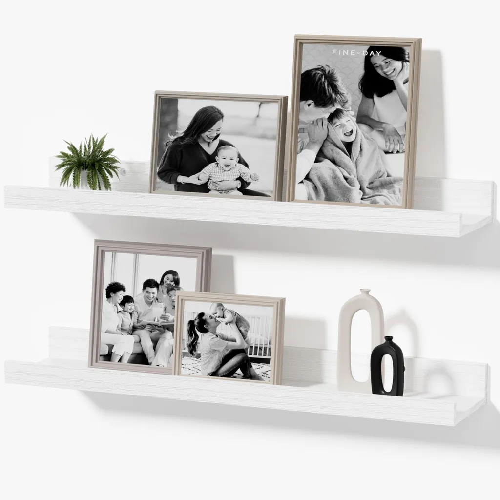 Lot de 2 étagères à photos blanches 40 cm, rebord surélevé pour cadre