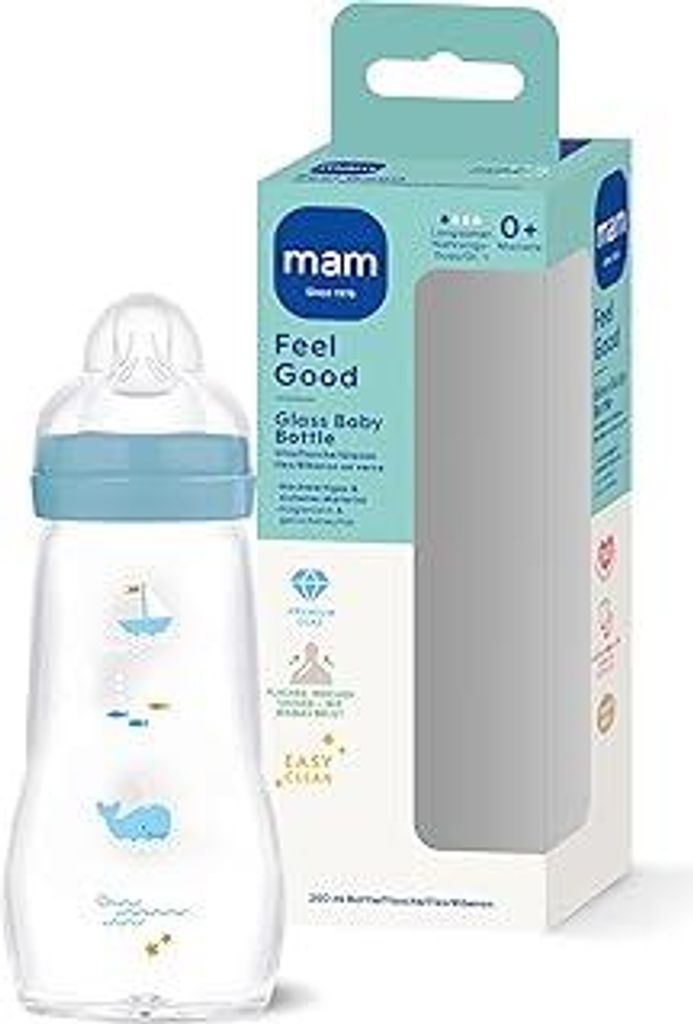 MAM Feel Good Glass Bottle Babyflasche | 0+ Monate | Stillfreundliche Milchflasche für Neugeborene | 94% Akzeptanz | Trinkflasche für Babys mit S...