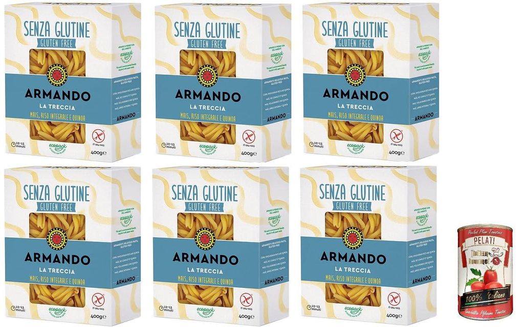 6x Armando, La Treccia, glutenfreie Mehrkornnudeln mit Mais, braunem Reis und Quinoa 400gr+ Italian Gourmet pelati 400gr