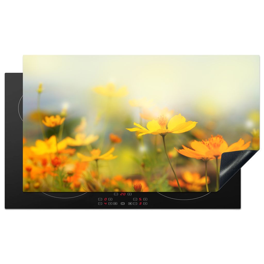KitchenYeah Herdabdeckplatte Blumen - Landschaft - Gelb , 91x52cm, Küche Deko, Glaskeramikkochfeld Herdabdeckung, Abdeckplatte fùr Kochfeld