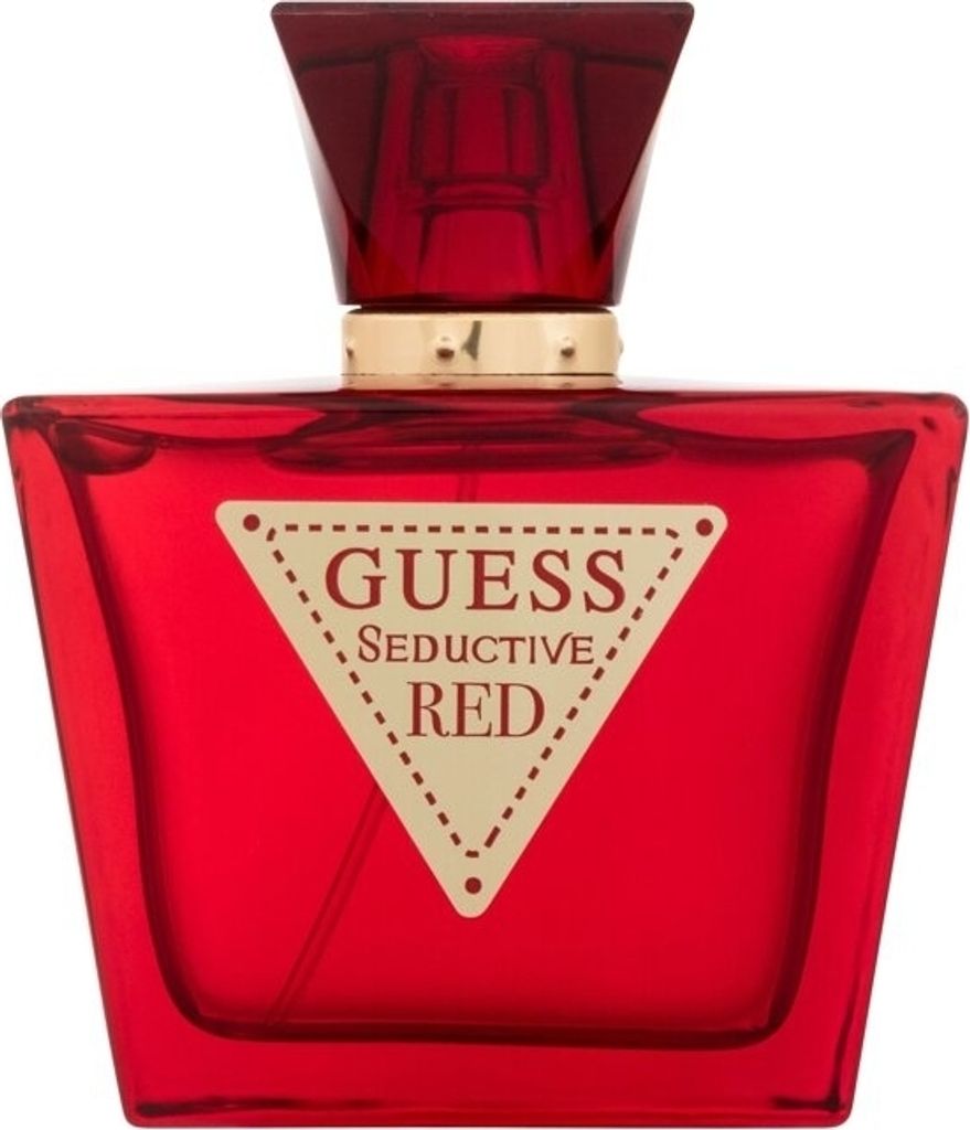 A red perfume bottle with a gold accent and a triangular label.