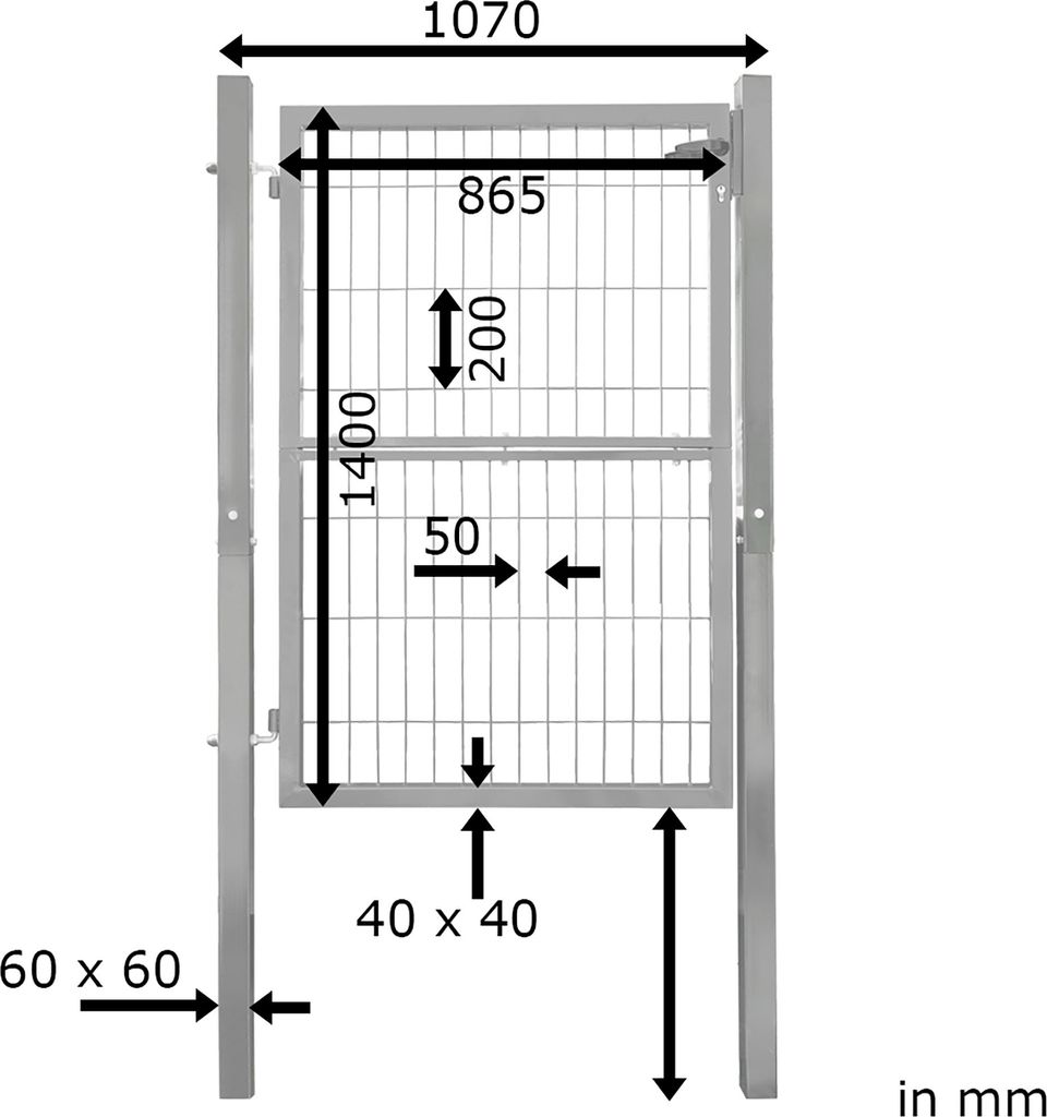 A diagram of a metal garden gate with dimensions indicated.