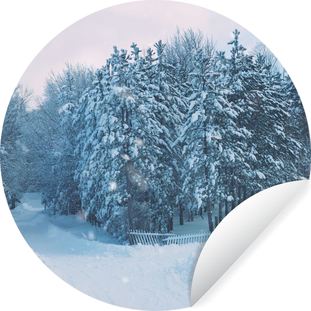 MuchoWow Runde Wandtattoo - Wandsticker Tapete Aufkleber Wald - Schnee - Winter Ø 30 cm Selbstklebend und Repositionierbar - Wandaufkleber - Kre...