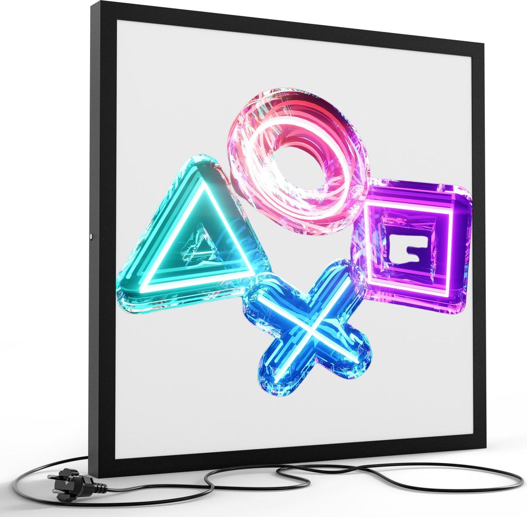 DEQORI LED-Bild & Lampe 60x60 cm Schwarz 'Neon Gaming Symbole' Leuchtbild LED Leuchte