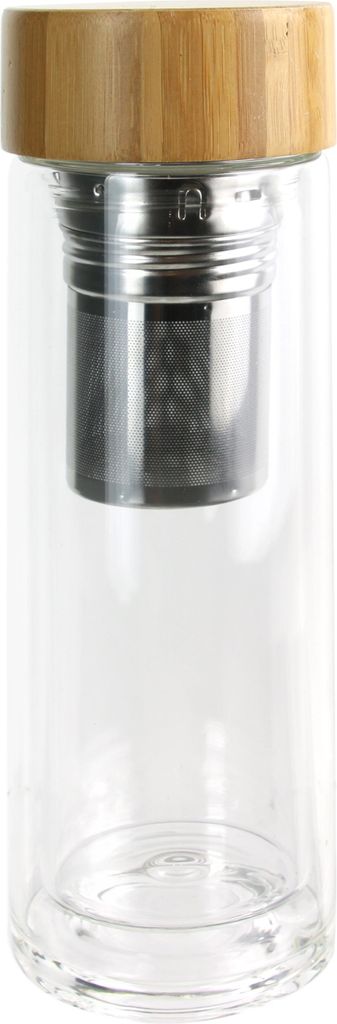 Doppelwandige Trinkflasche aus Glas mit Filter ausgestattet