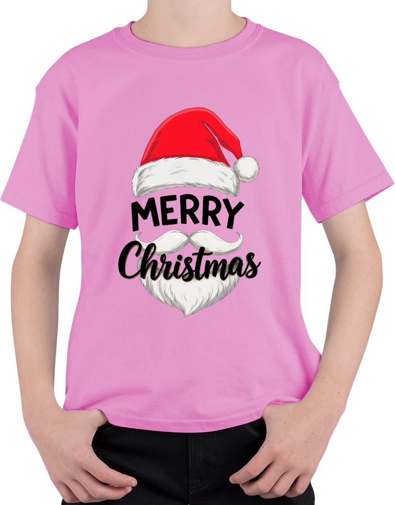Merry Christmas Weihnachtsmann Nikolaus Mütze Bart Lustig Retro Uni Kinder T-Shirt, Pink, 116