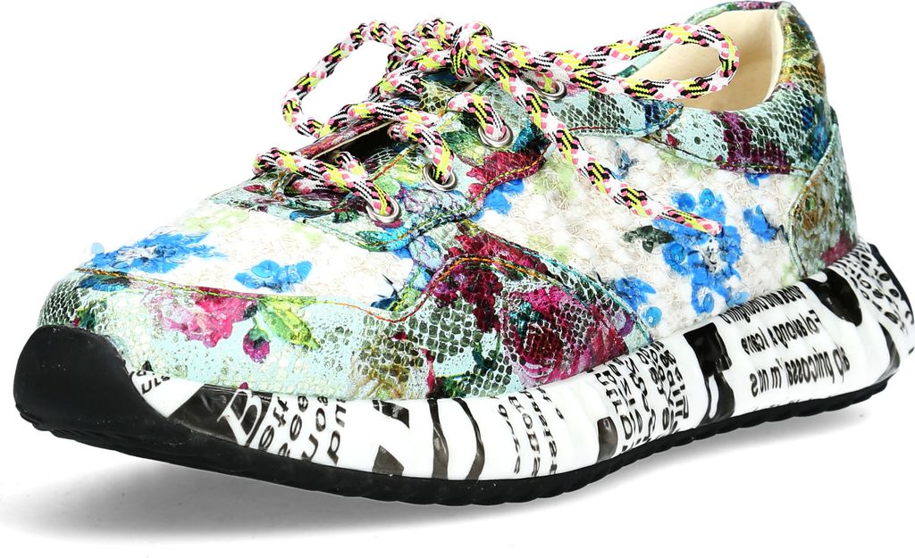 Laura Vita Damen Sneaker Leder mehrfarbig florales Muster und Schrift Burton 05, Größe:37 EU, Farbe:Grün