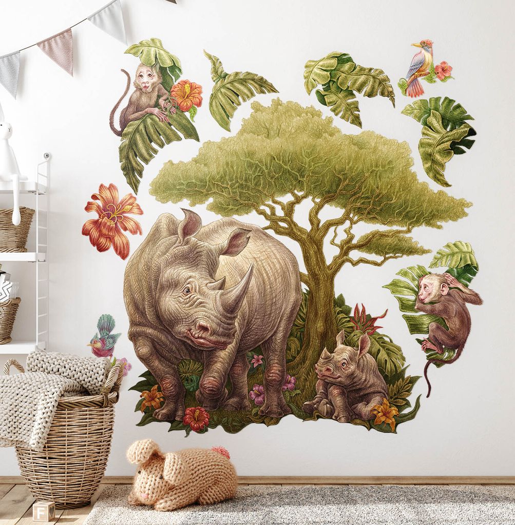 Wildtier-Safari – Wandgestaltung – Wandbilder Kinder – Motivtapeten Set – Wanddekor Kinderzimmer – Selbstklebende Wandsticker – 80x86 cm