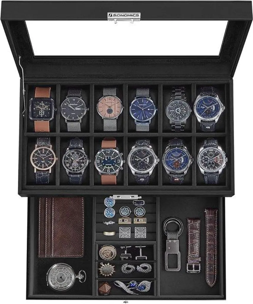 Boîte à montres et coffret à bijoux verrouillable avec 12 emplacements