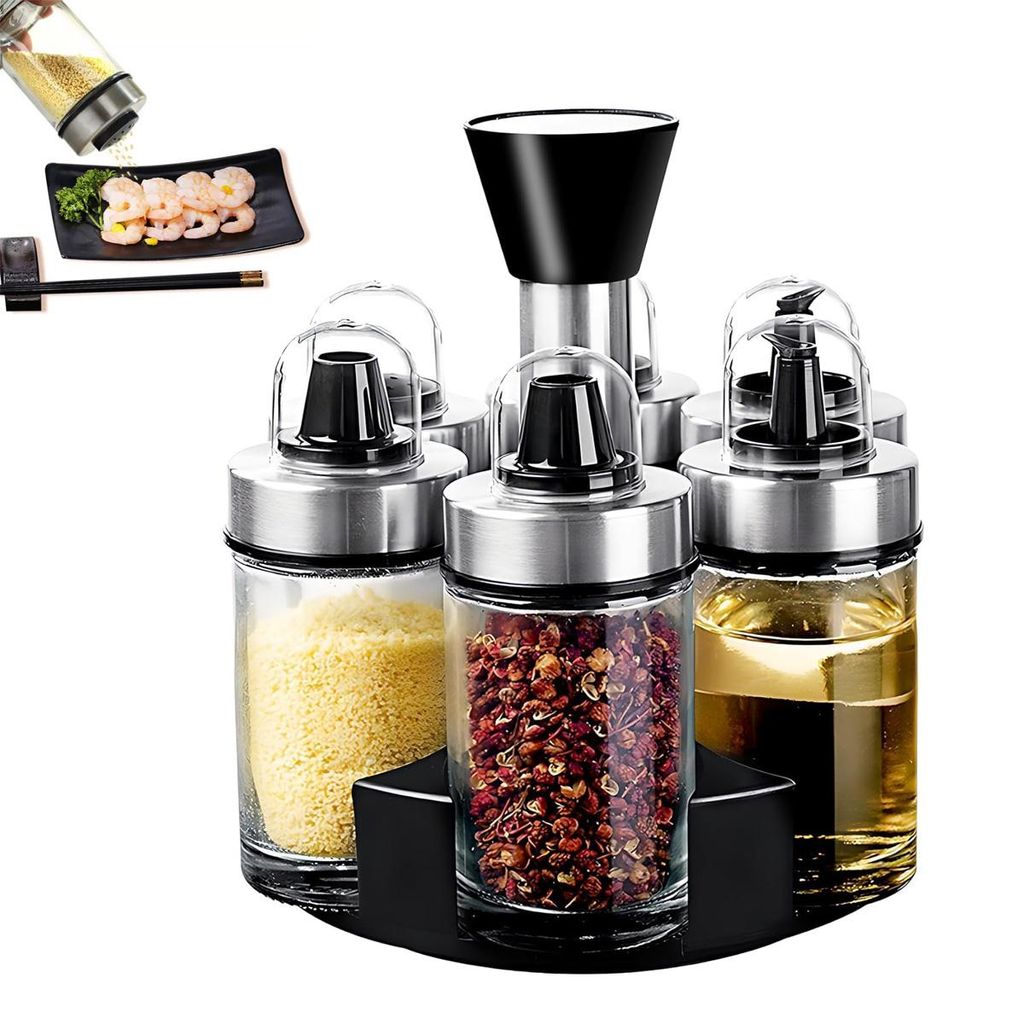 Gewürzgläser-Set mit Drehteller (6 Stück à 100 ml) – Runde Glas-Gewürzdosen mit 3 verschiedenen Ausläufen für Salz, Pfeffer und mehr