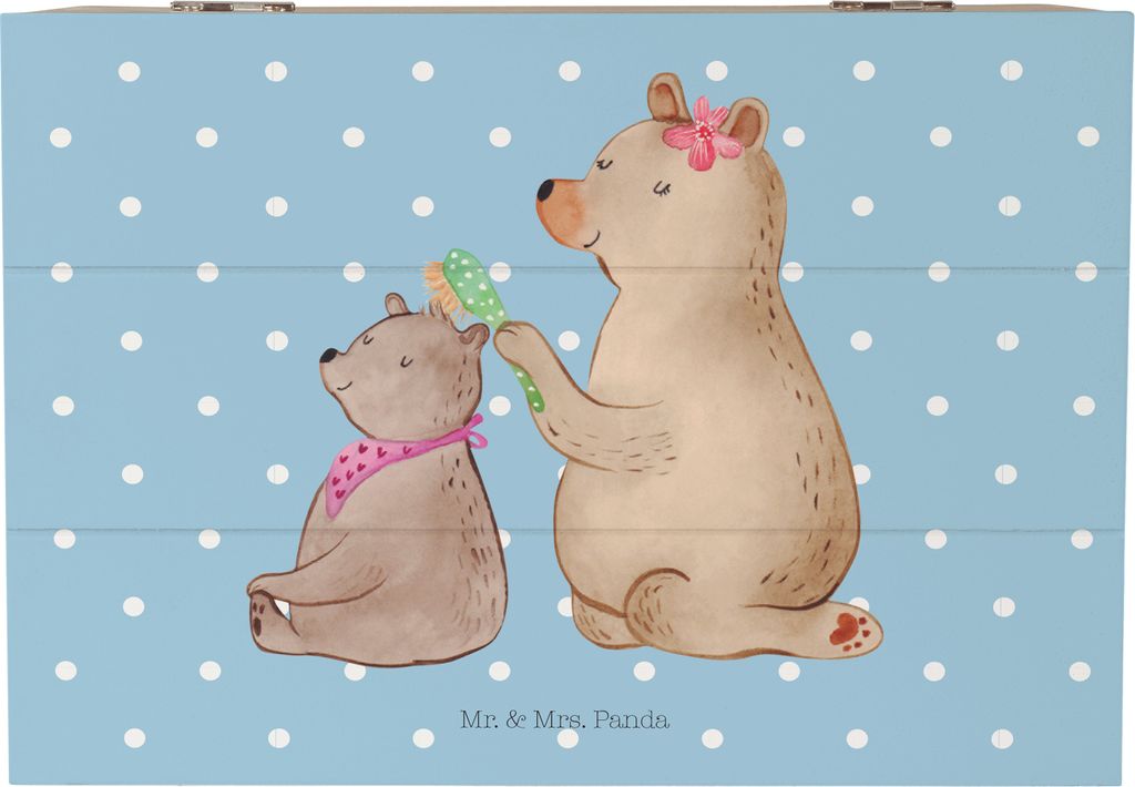Mr. & Mrs. Panda Box Bär Kind 22 x 15 cm - Blau Pastell - Geschenk, Muttertag, Mama, Familie, Holzkiste, mit Deckel, schmuckbox, Schatulle, Gesche...