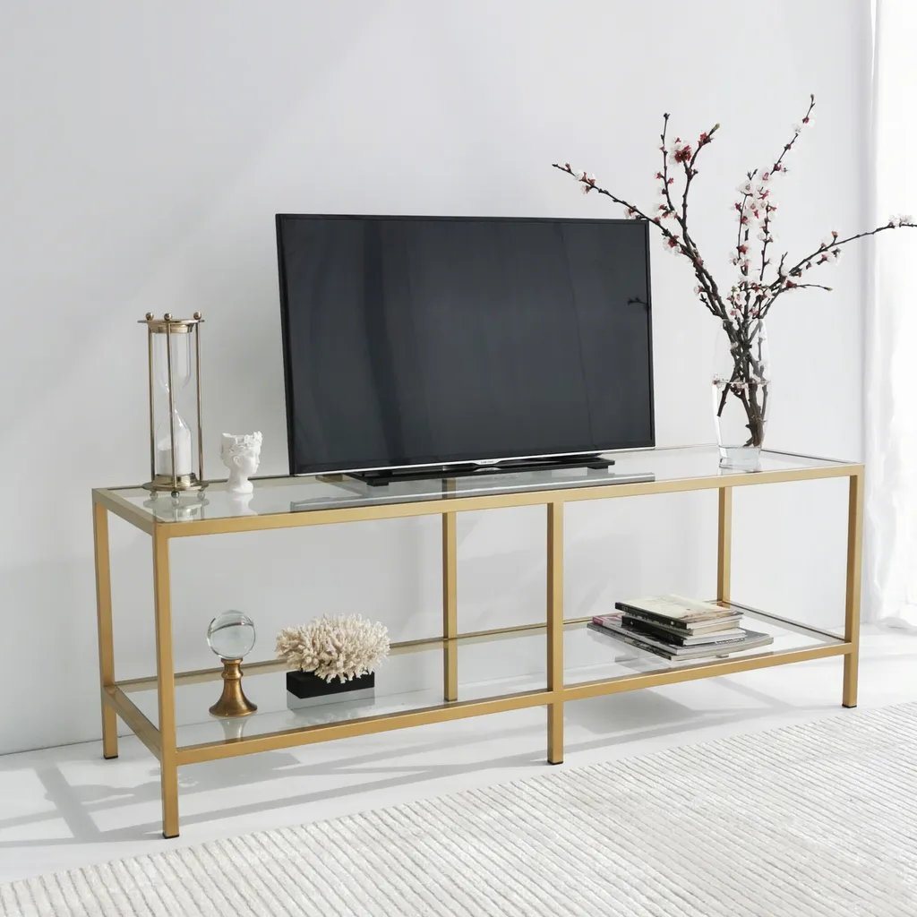 Meuble TV stable pour salon étroit, support or et verre anti-encombrement