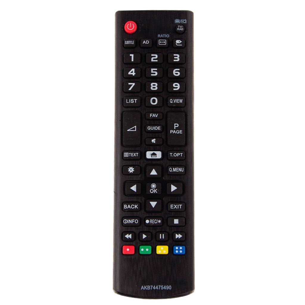 A black remote control with various buttons is shown against a white background.