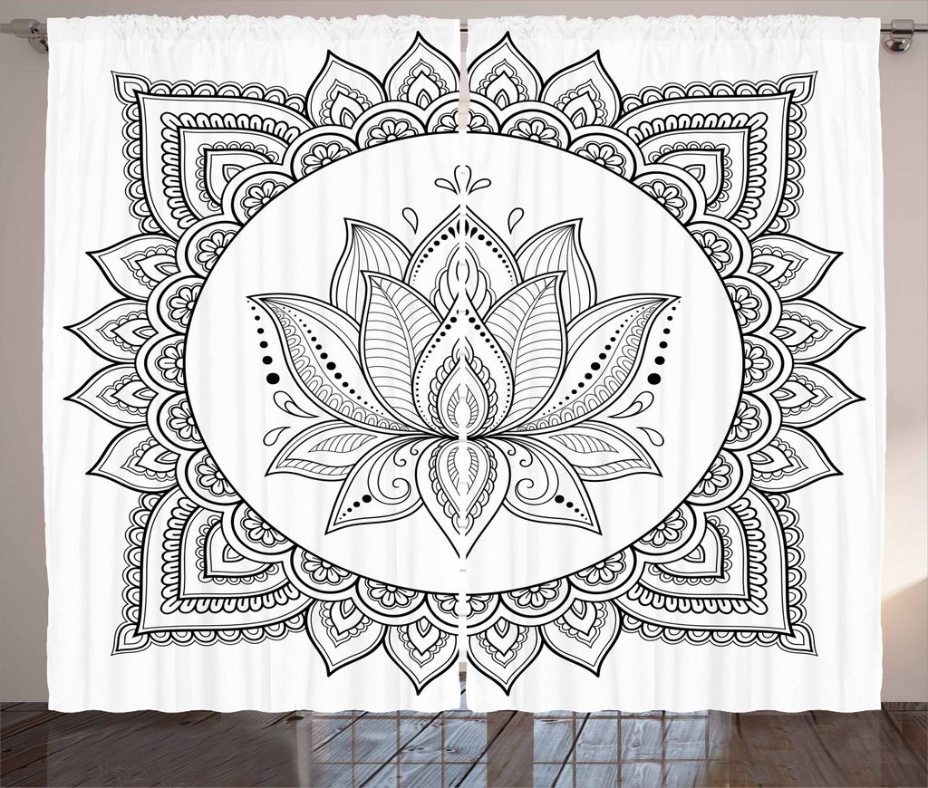 ABAKUHAUS Mandala Rustikaler Vorhang, Henna Mehndi Tattoo Art, Wohnzimmer Universalband Gardinen mit Schlaufen und Haken, 280 x 225 cm, Schwarz und...