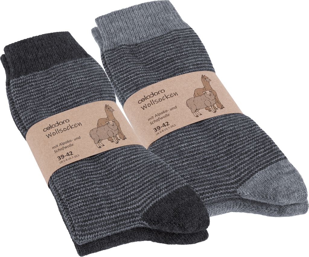 Celodoro Damen & Herren Wollsocken mit Alpaka Uni & Ringel (4 Paar) - Grau 39-42