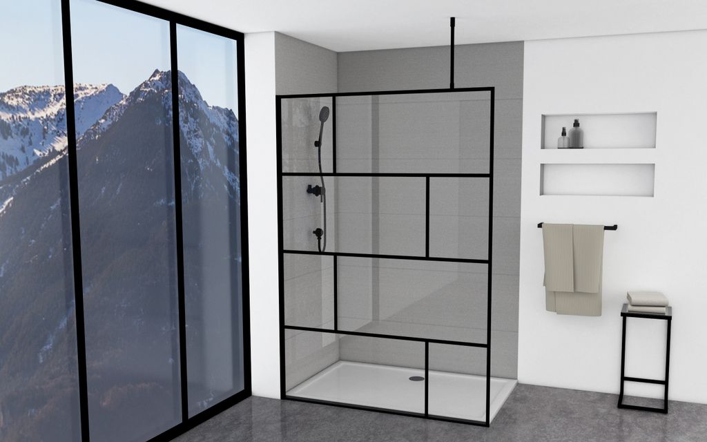 Duschwand MARWELL in modernem Design 140 x 195 cm inkl. Deckenhalterung - Glasdusche mit matt schwarzen Wandprofil - Einscheibensicherheitsglas fü...