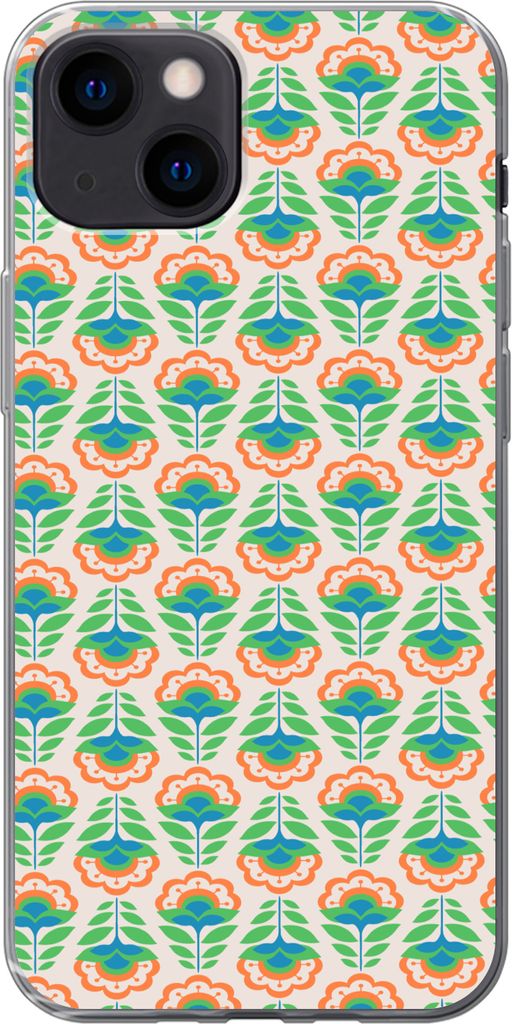MuchoWow Handyhülle Schutzhülle Hülle für Telefoonhoesje iPhone 13 mini Retro - Blumen - Design - Grün - Orange Silikon Softcase Handy Hüll...