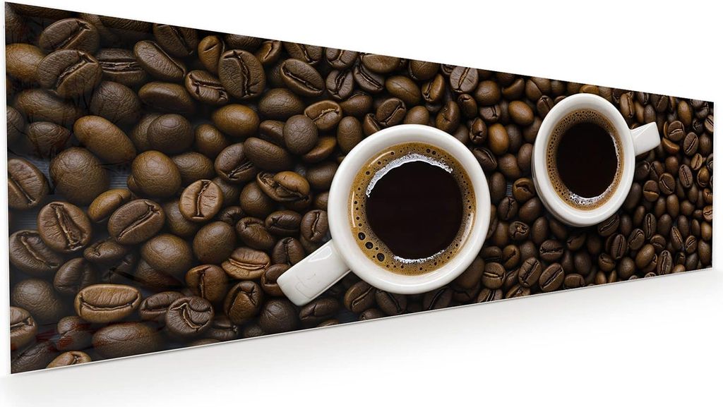 Glasbild 120x40cm in XXL für Wohnzimmer, Schlafzimmer Motiv Kaffeebohnen und Tassen