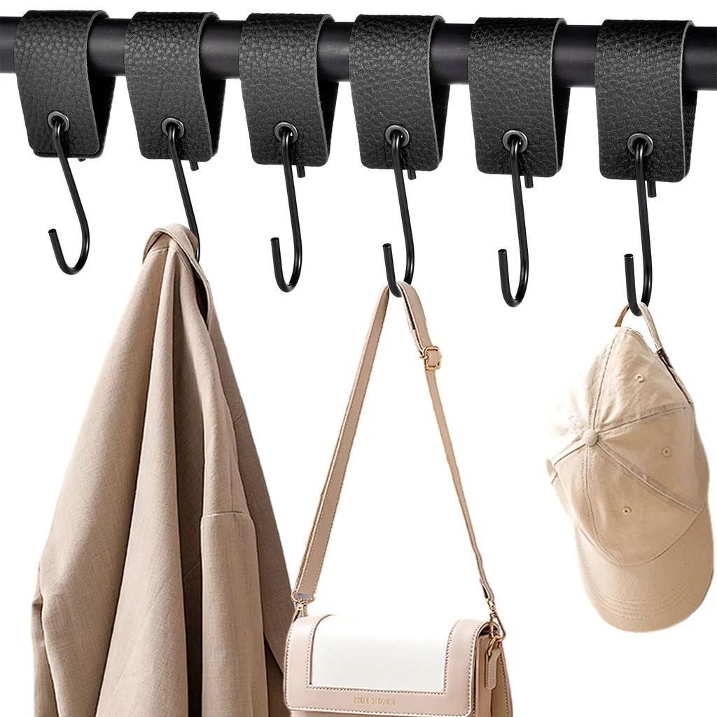 6 Crochets en S Noirs avec Boucle Cuir en Acier Inox pour Dressing