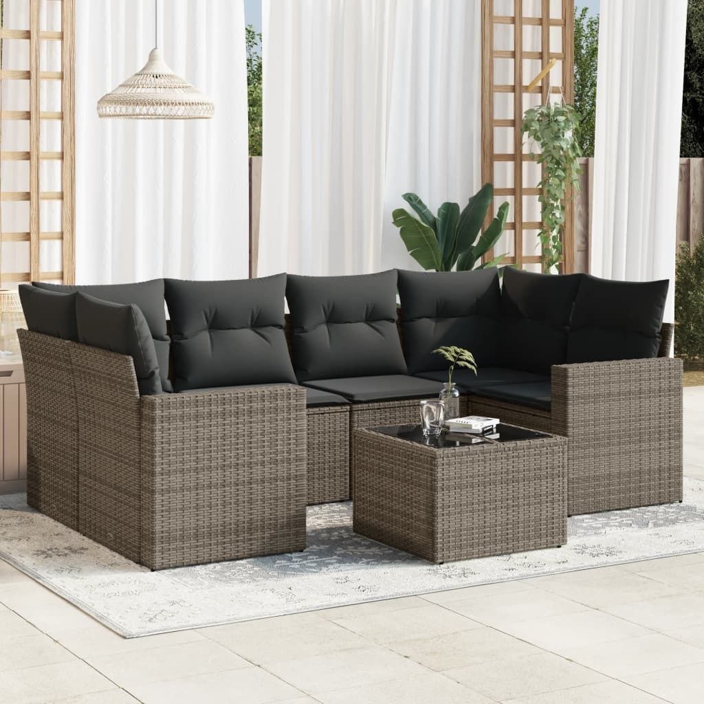 CLORIS 7-tlg. Garten-Sofagarnitur - mit Kissen - Grau Poly Rattan - Gartenmöbelgarnituren LL0000257537