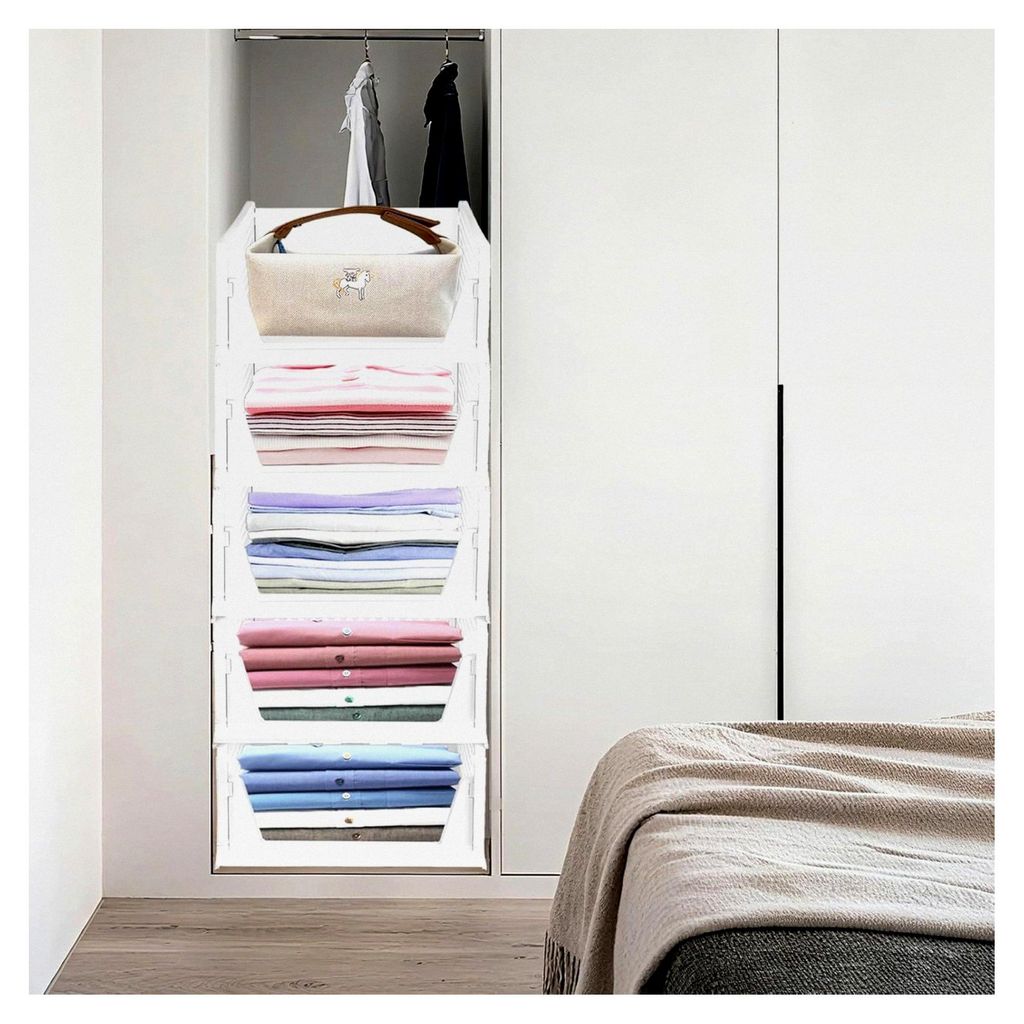 Set aus 5 Organizer-Boxen für Schränke, faltbare Schubladen und Bekleidungsaufbewahrung, Kunststoff, 33 x 42 x 90 cm, 5 Schichten (weiß)
