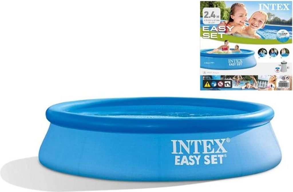 A product image showing an inflatable pool and its packaging with marketing information.