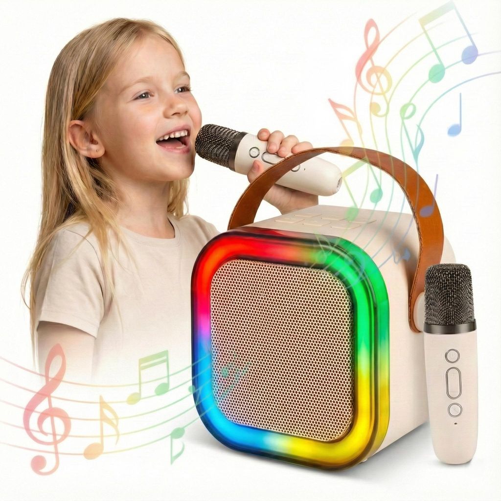 A young girl is happily singing into a microphone connected to a portable karaoke speaker with colorful RGB lights.