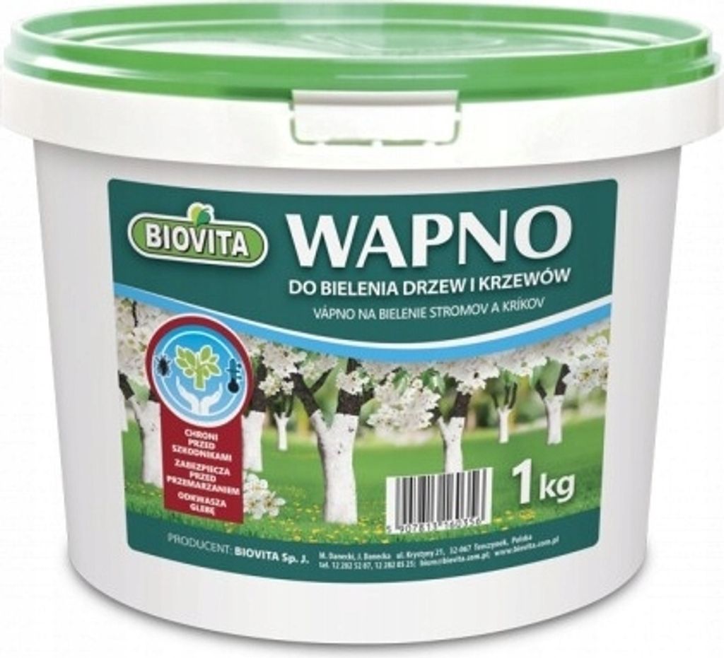 A white plastic bucket with a green lid, labeled with product information and an image of whitewashed trees.