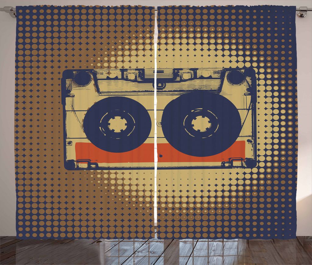 ABAKUHAUS Jahrgang Rustikaler Gardine, Audiocasette Music Fun, Schlafzimmer Kräuselband Vorhang mit Schlaufen und Haken, 280 x 245 cm, Nachtblau T...