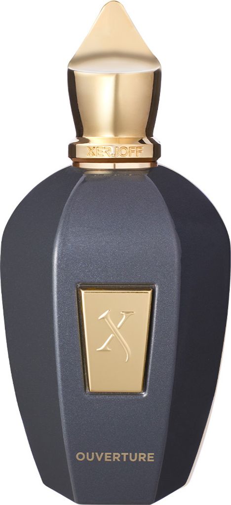A perfume bottle with a gold cap and a gold emblem on the front.