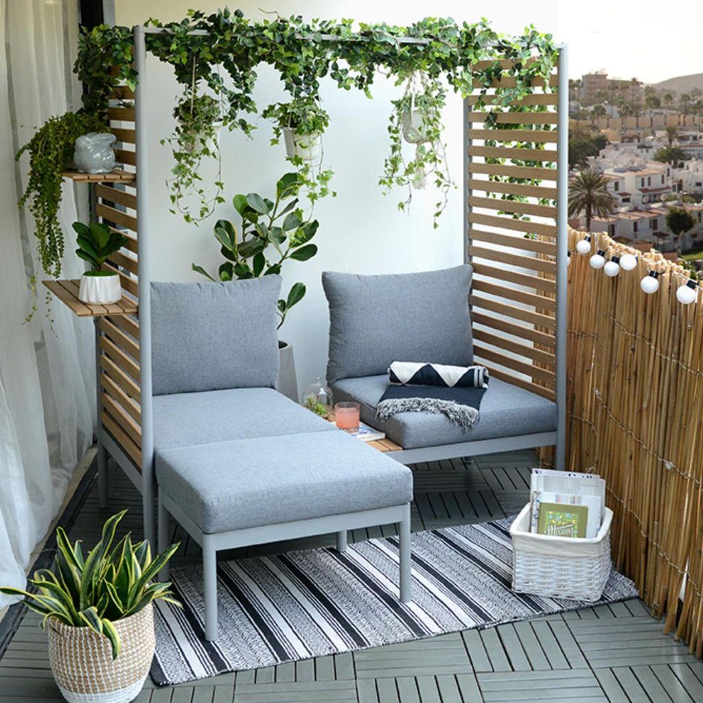 riess-ambiente Outdoor Balkonlounge 2-Sitzer COCOONING anthrazit Aluminium Holz mit Hocker wetterfest Gartenlounge Gartenset Balkonset