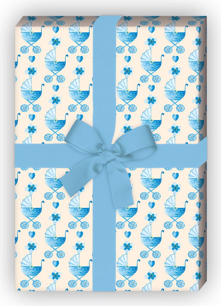 Süßes gemaltes Baby Geschenkpapier mit Kinderwagen, blau - G11490, 32 x 48cm