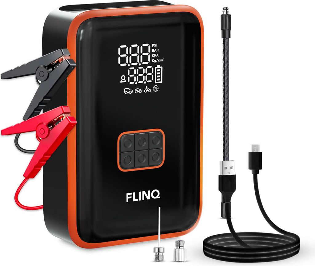 FlinQ 12V Jump Starter Auto & Motorrad – 4-in-1 Kompressor, LED-Taschenlampe, SOS & Powerbank – Starthilfe, Luftpumpe, Aufbewahrungstasche