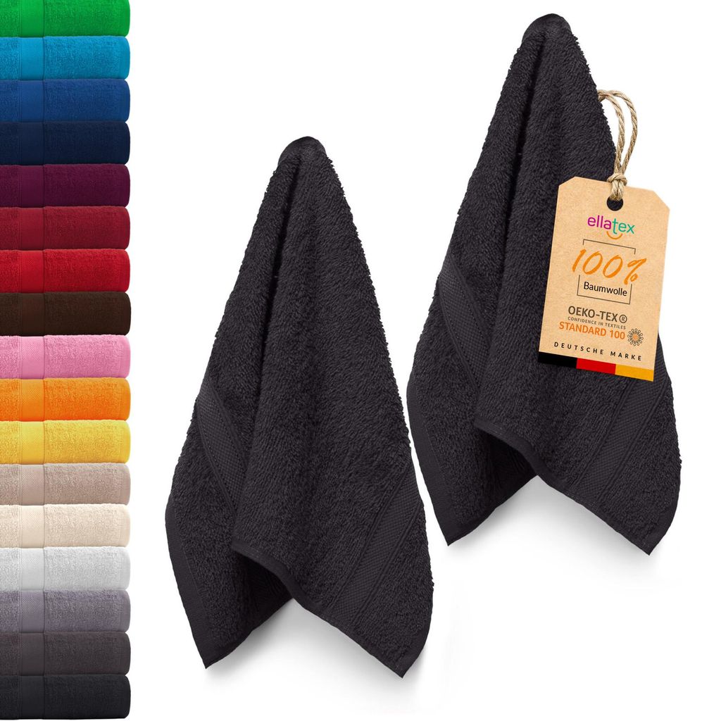 EllaTex PARIS 2er Set Gästetücher 30x50 cm – 100% Baumwolle, 500 g/m² Frottier, in Farbe: Schwarz