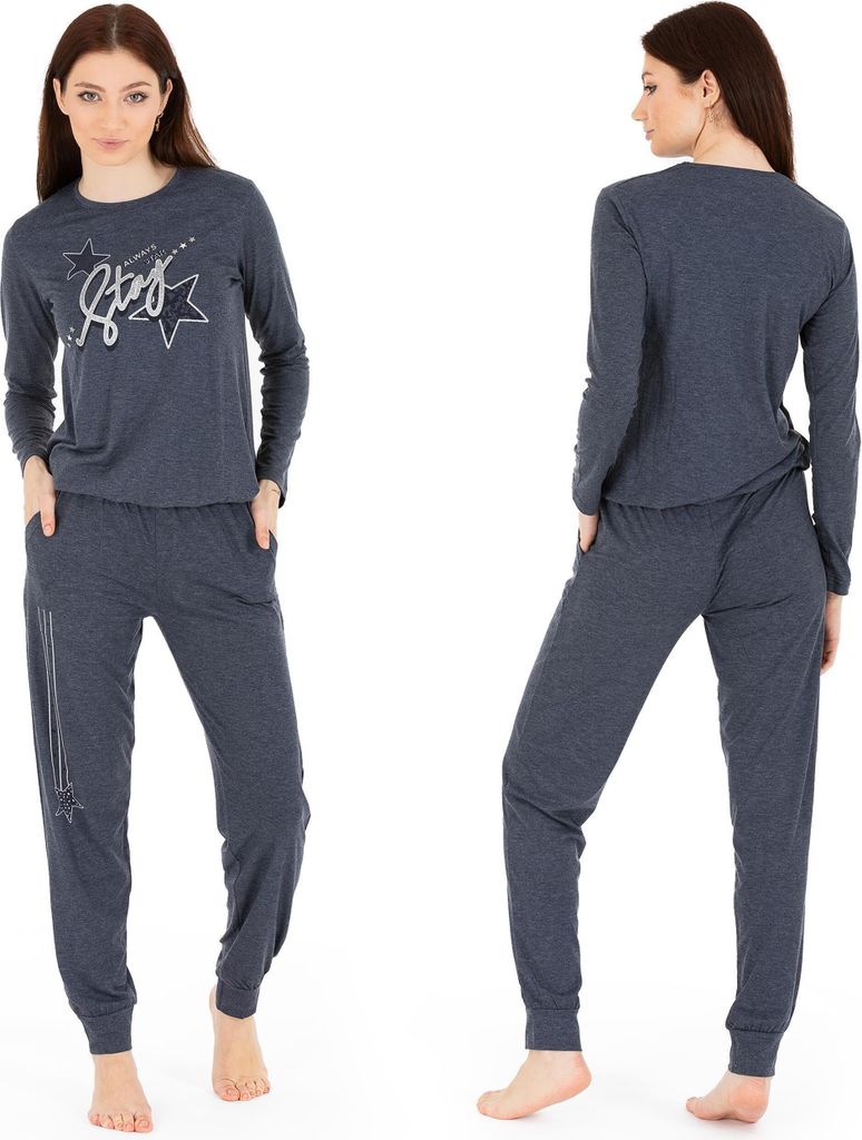 Schlafanzug Pyjama langarm- Stern - Grau - XL