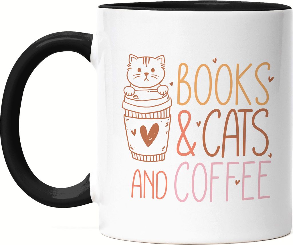 Books, Cats and Coffee Tasse Schwarz Katzenliebhaber Bücherfan Kaffeeliebhaber
