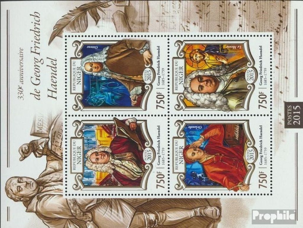 Briefmarken Niger 2015 Mi 3320-3323 Kleinbogen (kompl. Ausg.) postfrisch Georg Friedrich Händel
