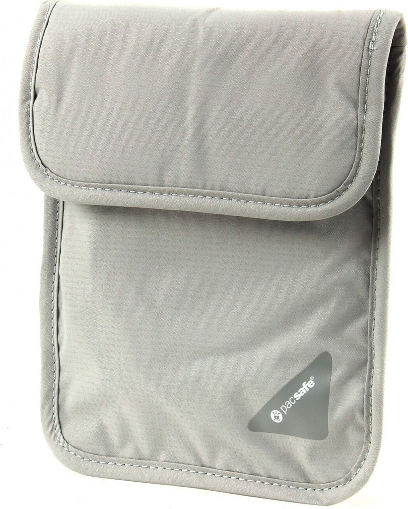 A light gray travel pouch with a flap closure and a reflective logo.