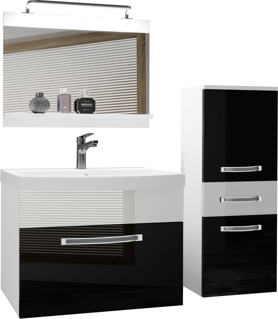 BELINI Badmöbel Vollausstattung Set Waschbeckenschrank, kleiner Schrank, Waschbecken, Spiegel, Lampe (Schwarz/ Weiss, Glänzend)